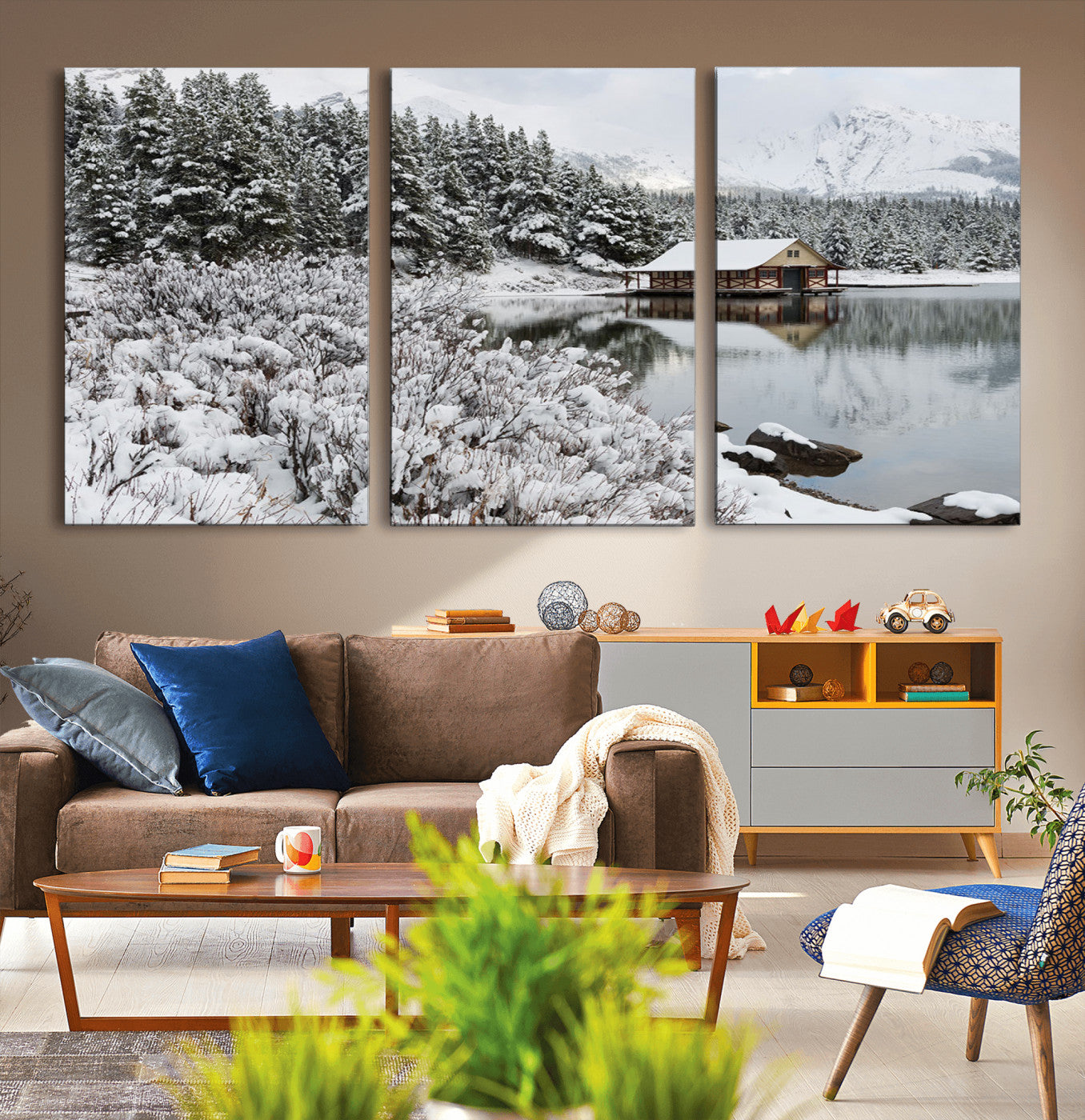 MGV-CV-60X30-3P - Winter Wall Art - Cabin by the Lake Canvas Wall Art - Serene Snowy Landscape with Mountain View,