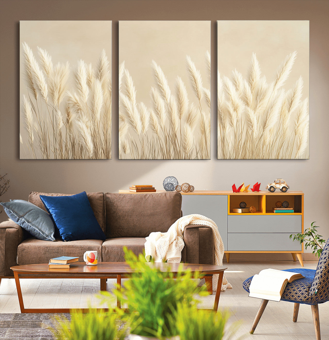 MGV-CV-60X30-3P - Grass Wall Art Print - Elegant Neutral Decor for Living Room, Boho Minimalist Artwork, Ready to Hang