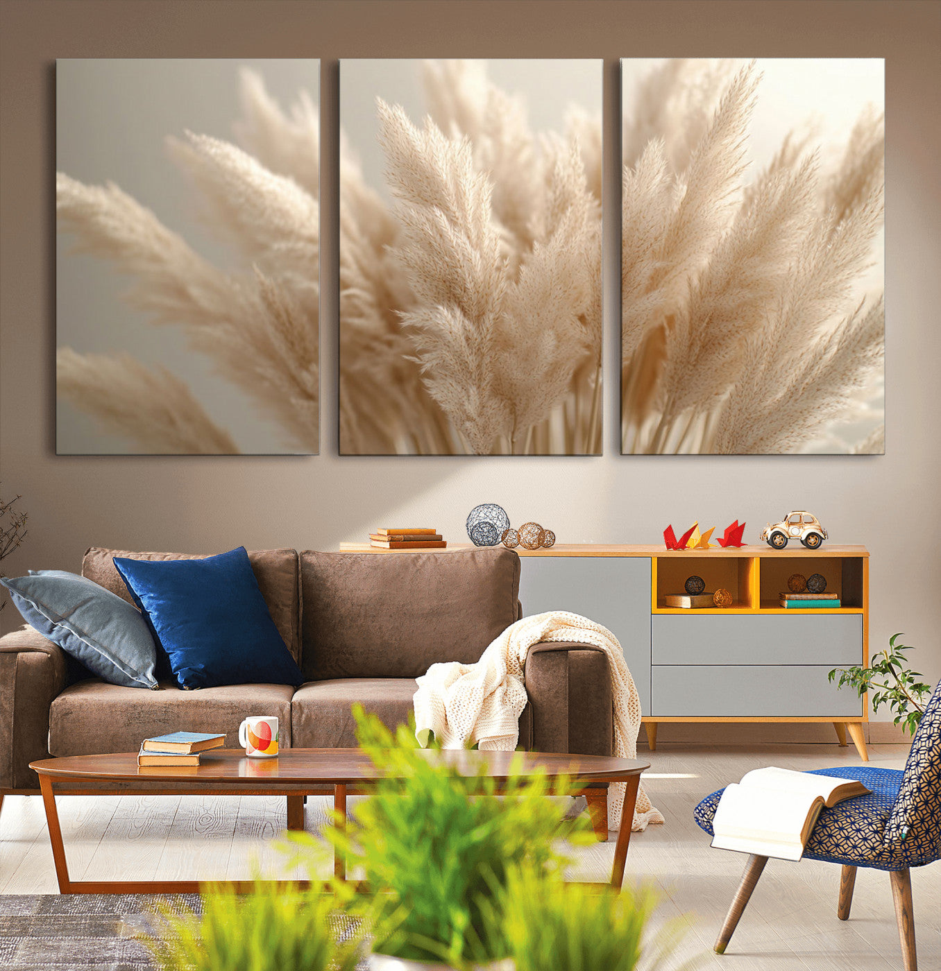MGV-CV-60X30-3P - Pampas Grass Canvas Wall Art - Elegant Neutral Decor for Living Room, Boho Minimalist Artwork, Ready