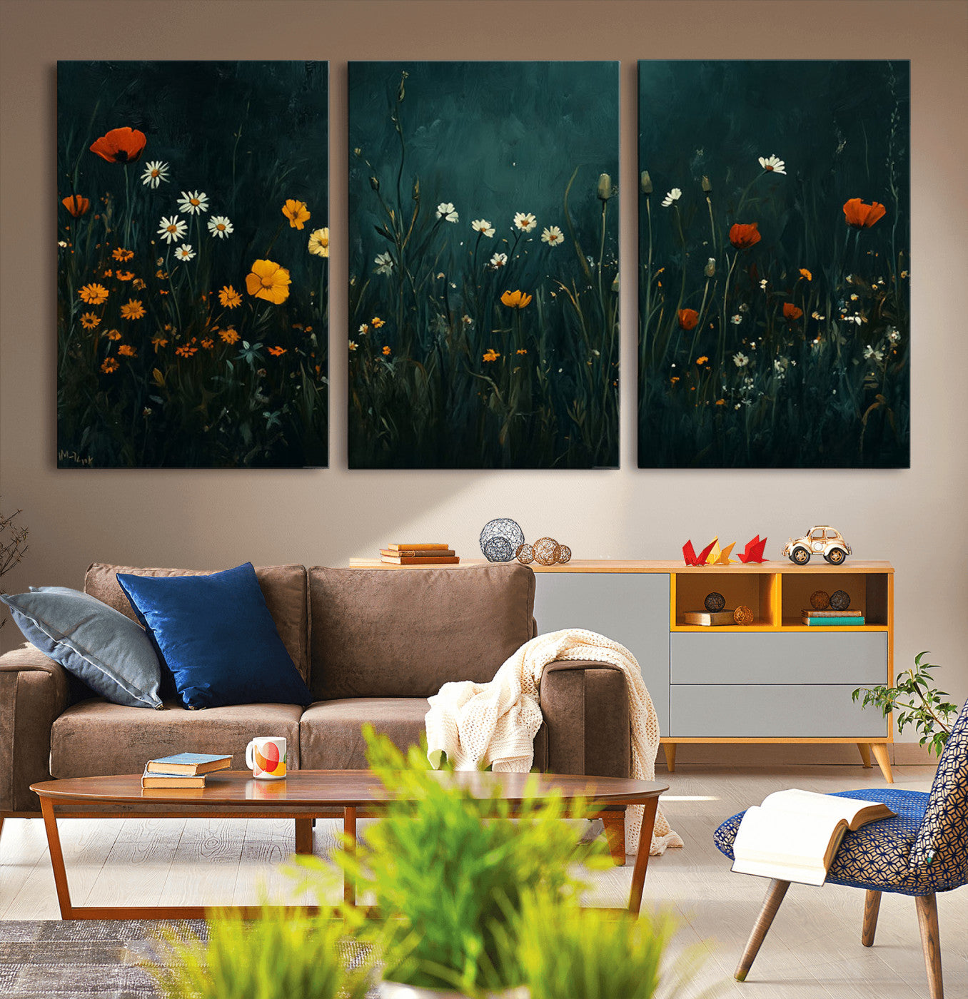 MGV-CV-60X30-3P - Framed Wildflower Field Wall Art, Framed Vintage Botanical Landscape Sign, Floral Decor, Modern