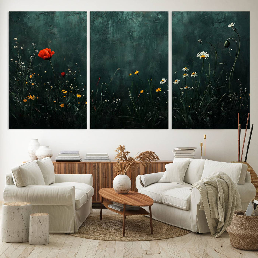 The Wildflower Field Framed Wall Art, a vintage botanical landscape canvas print, serves as a striking focal point against a dark green backdrop in the modern living room.