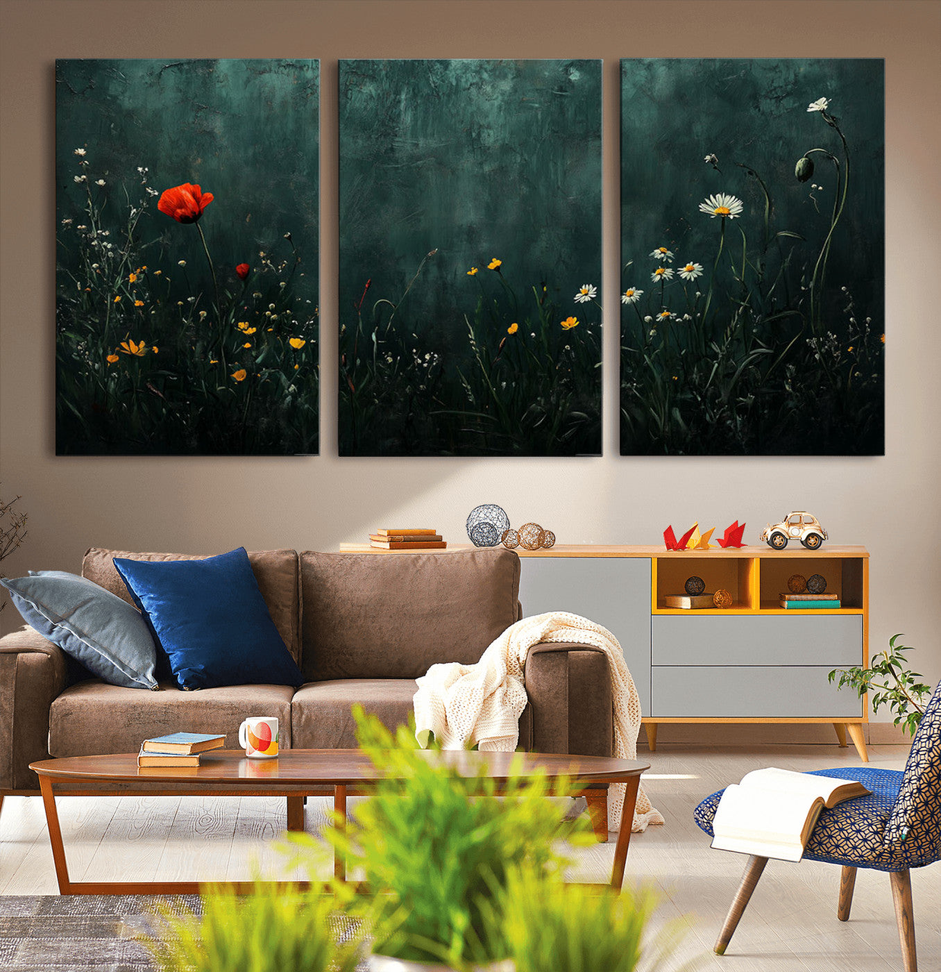 MGV-CV-60X30-3P - Wildflower Field Framed Wall Art, Vintage Botanical Landscape Sign, Botanical Wall Art, Modern