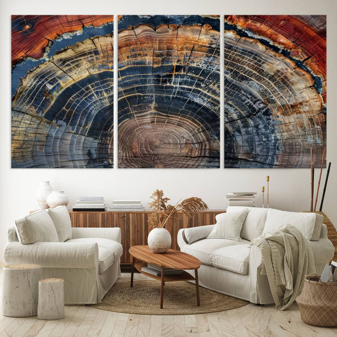 The cozy living room is adorned with an Abstract Tree Ring Wall Art, featuring colorful framed tree ring designs that seamlessly blend nature and modern design in minimalist home canvas art.