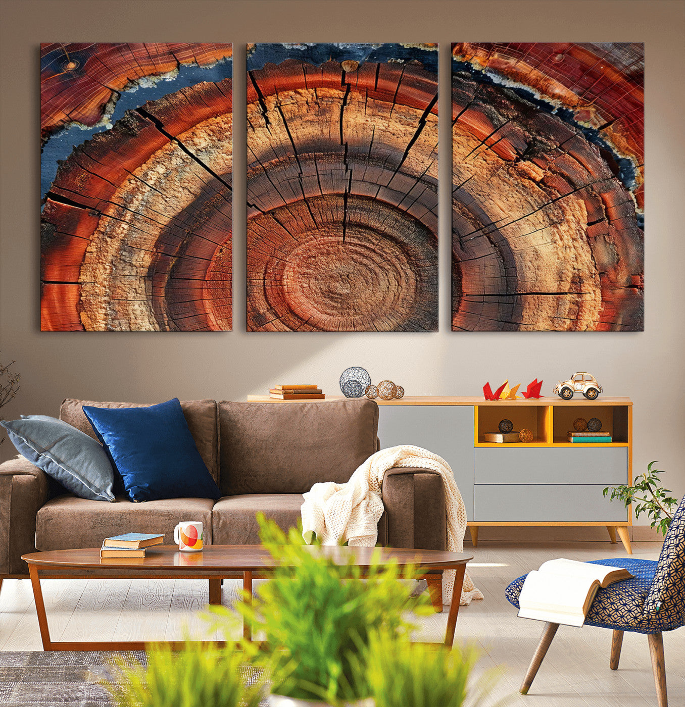 MGV-CV-60X30-3P - Abstract Tree Ring Art, Colorful Tree Ring Wall Decor, Minimalist Home Canvas Art, Modern Farmhouse