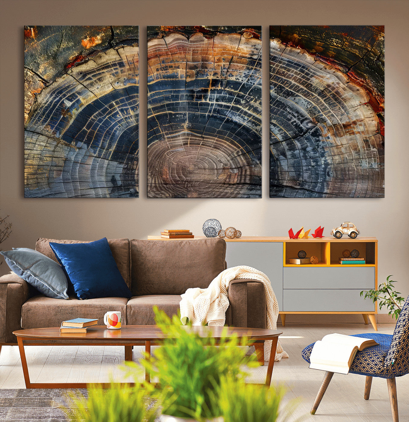 MGV-CV-60X30-3P - Framed Tree Ring Wall Art - Abstract Colorful Tree Ring Wall Decor, Minimalist Home Canvas Art,