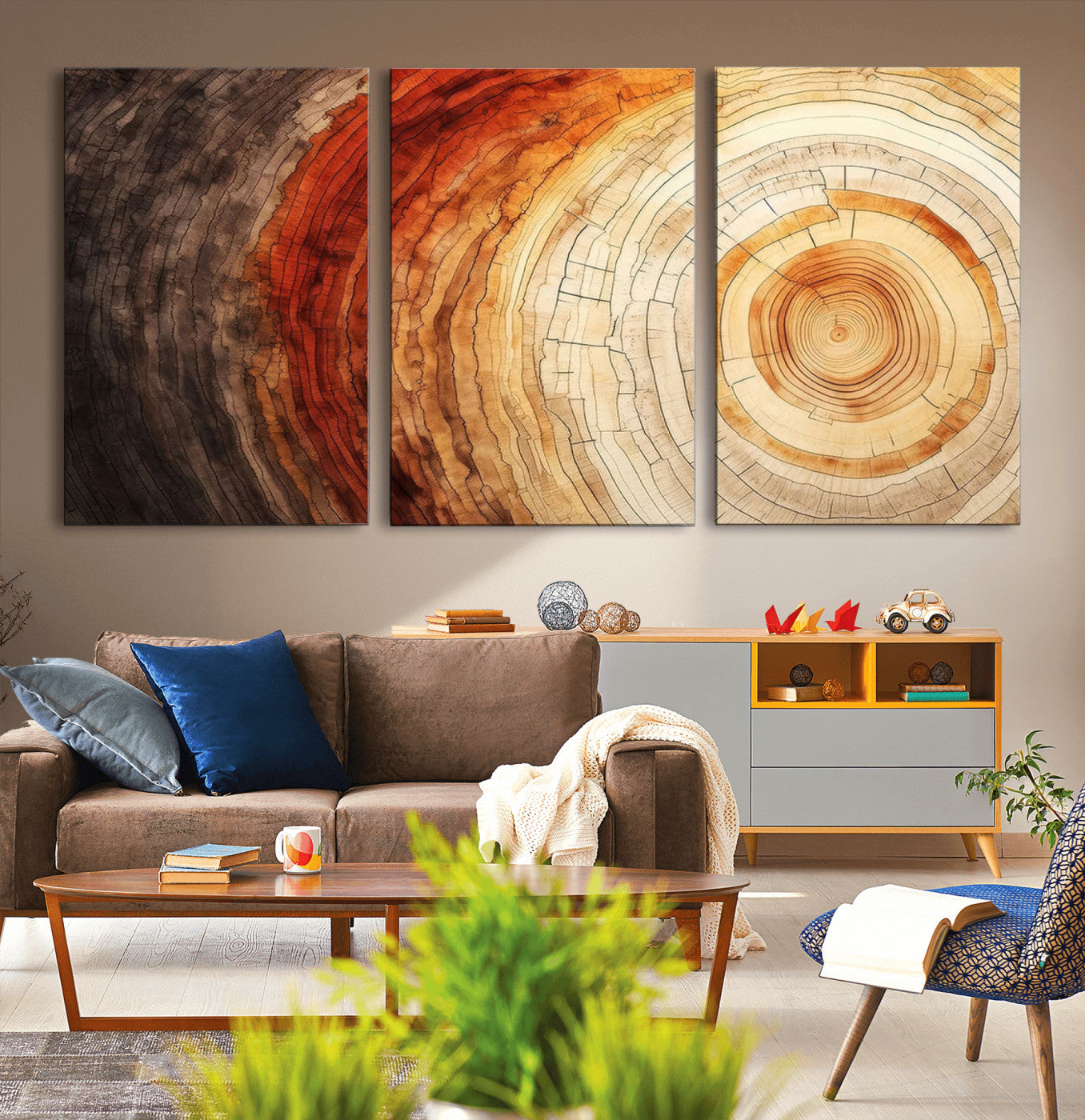 MGV-CV-60X30-3P - Tree Ring Print on Canvas Wall Art, Tree Stump Print, Wood Wall Art Living Room, Abstract Natural