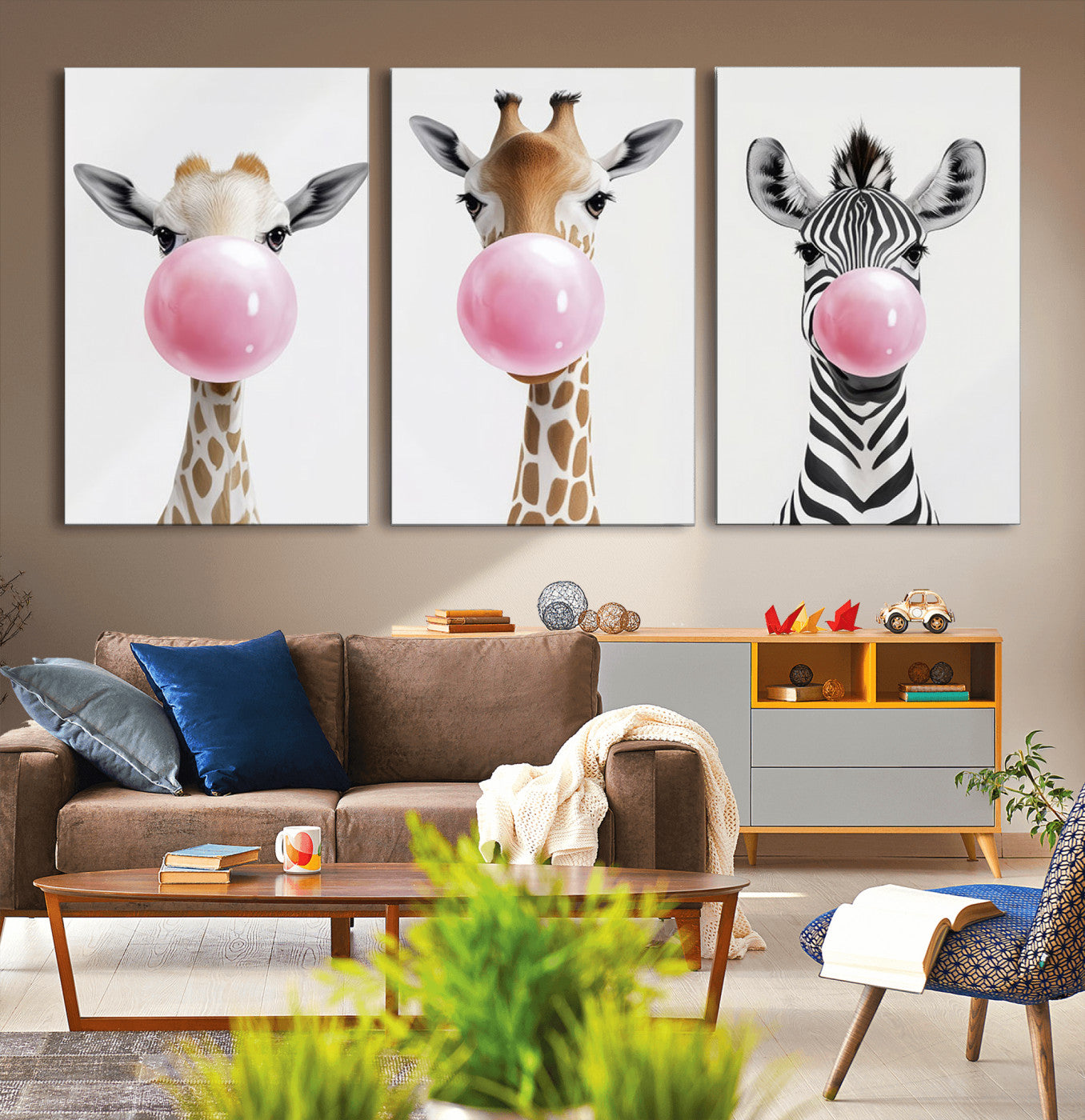 71987-MGV-CV-60X30-3P-Bubblegum Animals Canvas Wall Art - Playful Giraffe and Zebra Trio, Fun Nursery Decor for Kids'