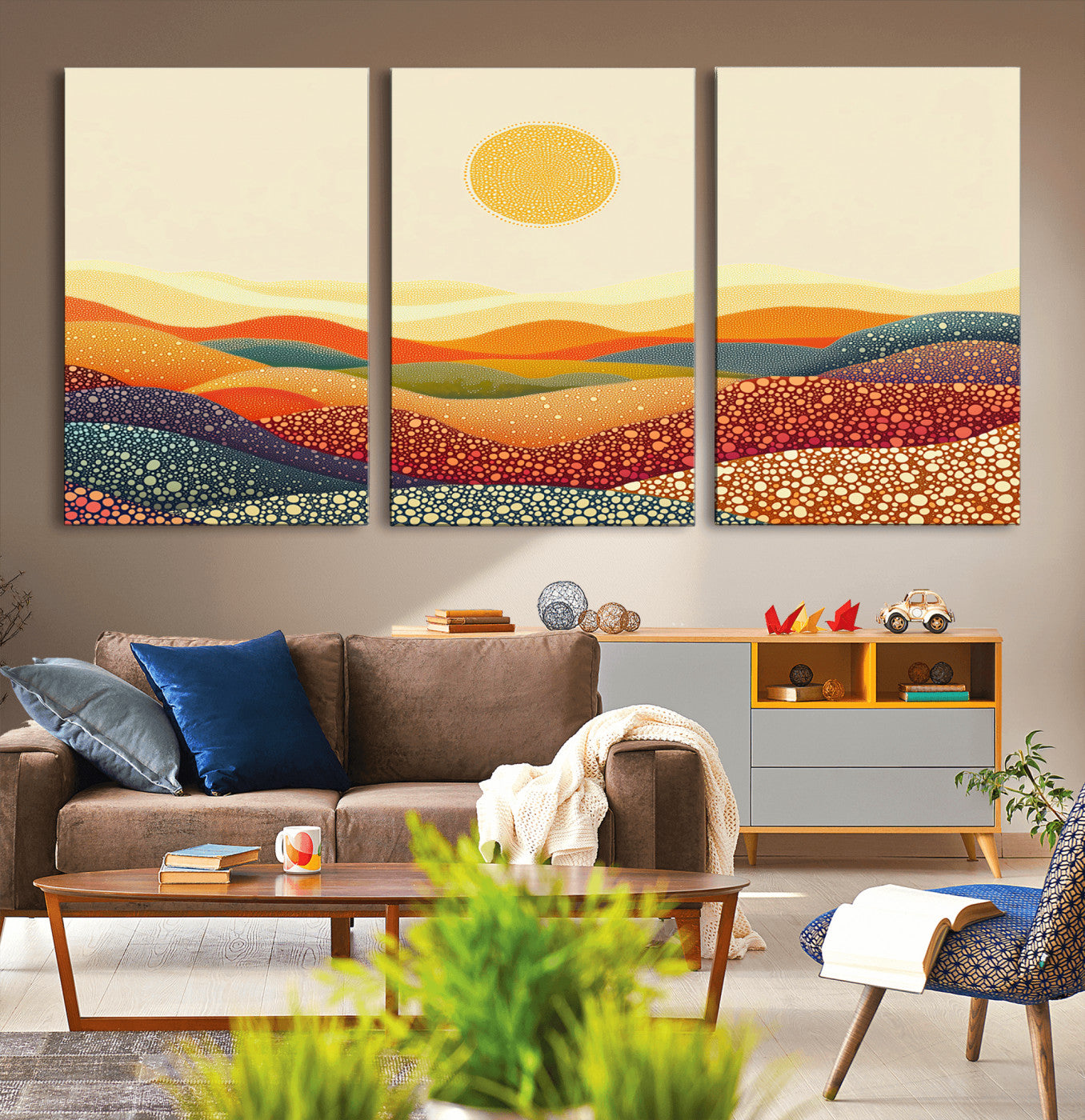 MGV-CV-60X30-3P - YAYOI KUSAMA Colorful Dot Art Landscape Canvas - Framed Abstract Pointillism Inspired by Nature with