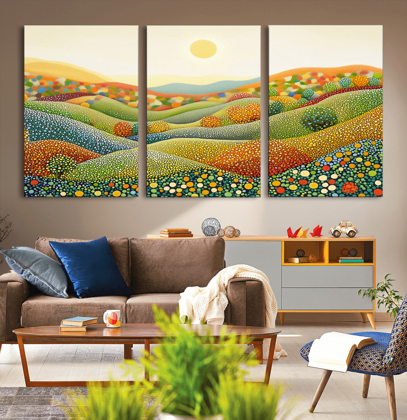 MGV-CV-60X30-3P - YAYOI KUSAMA Wall Art - Colorful Dot Art Landscape Canvas, Framed Japanese Dot Art