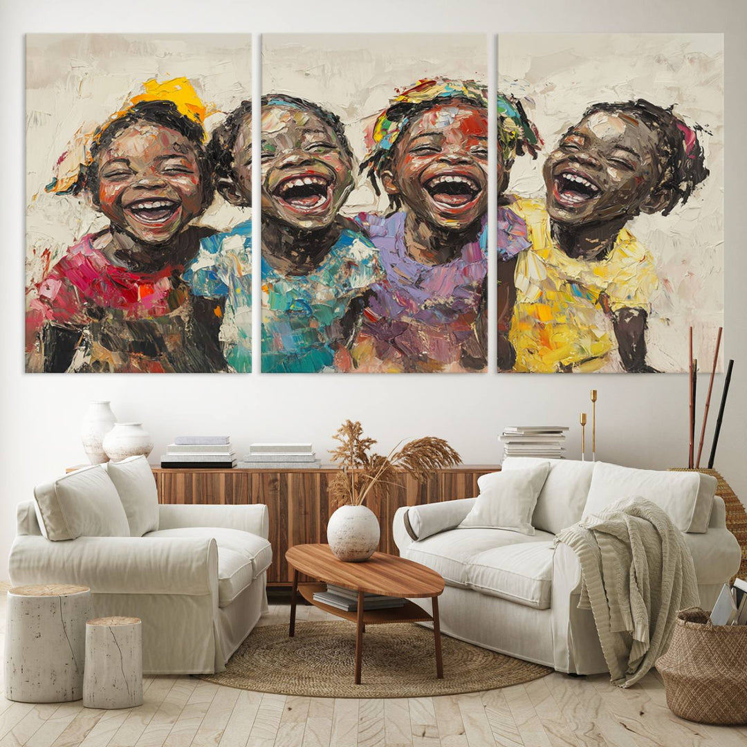 The Shai Yossef style "Joyful Childhood Canvas Wall Art" beautifully depicts an expressive impasto painting of three cheerful black children laughing, capturing the joyous essence of childhood.