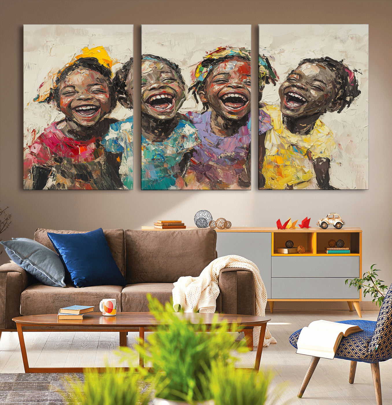 MGV-CV-60X30-3P - Shai Yossef style Joyful Childhood Canvas Wall Art - Expressive Impasto Painting of Black Children
