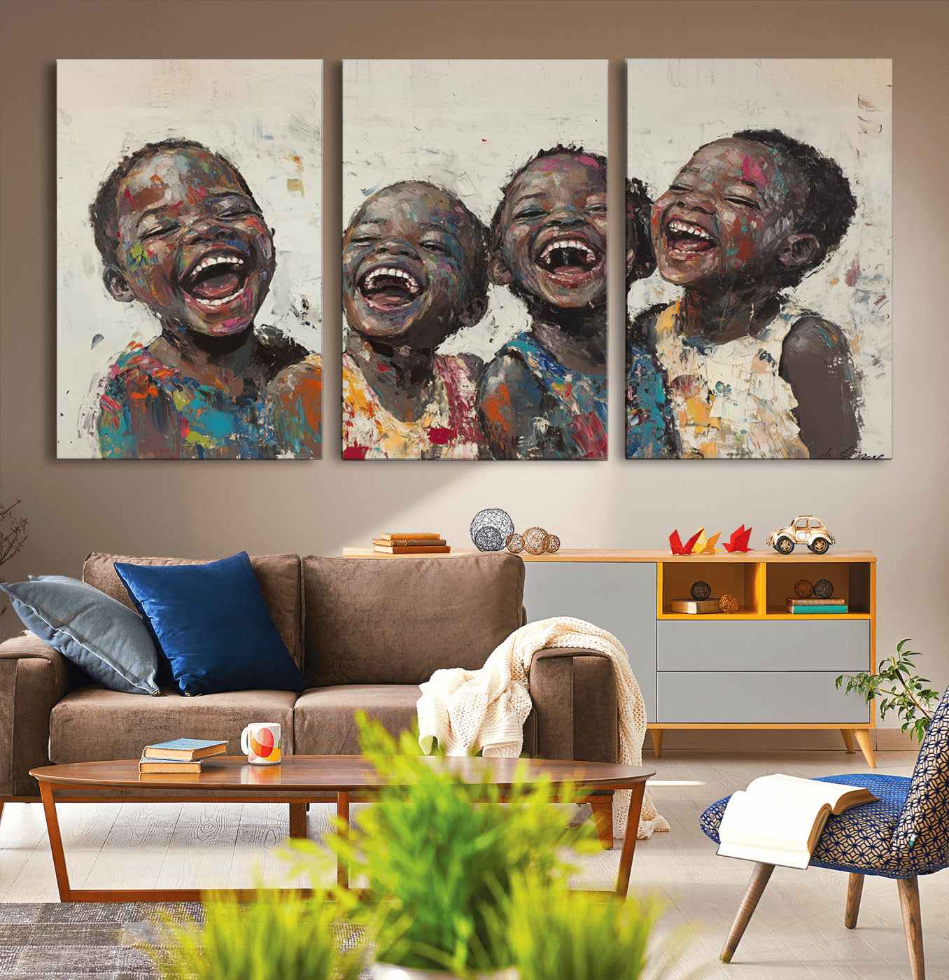 85256-MGV-CV-36X24-Shai Yossef Print - Joyful Childhood Canvas Wall Art - Expressive Impasto Painting of Laughing