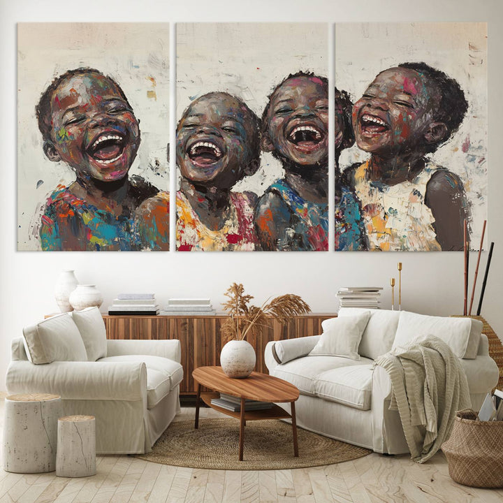 A living room featuring the Shai Yossef Joyful Childhood Canvas Wall Art.