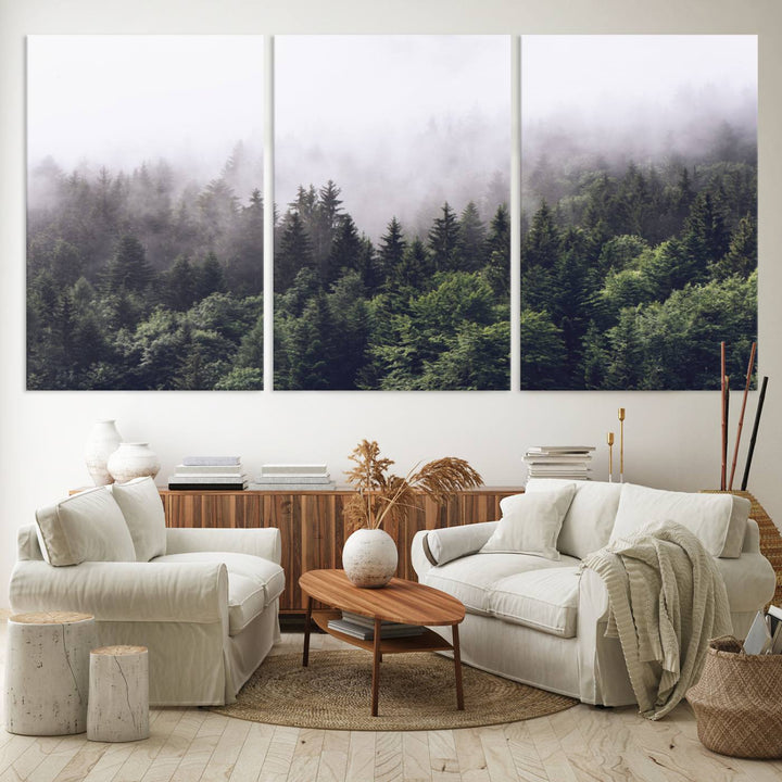 A serene triptych nature print featuring a misty forest, perfect as wall art.