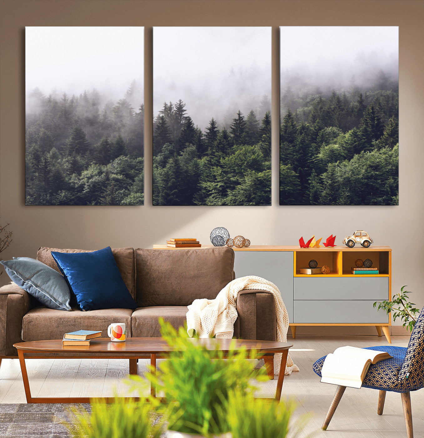 MGV-CV-60X30-3P - Misty Forest Wall Art | Foggy Forest Canvas Print | Large Nature-Inspired Misty Tree Landscape for