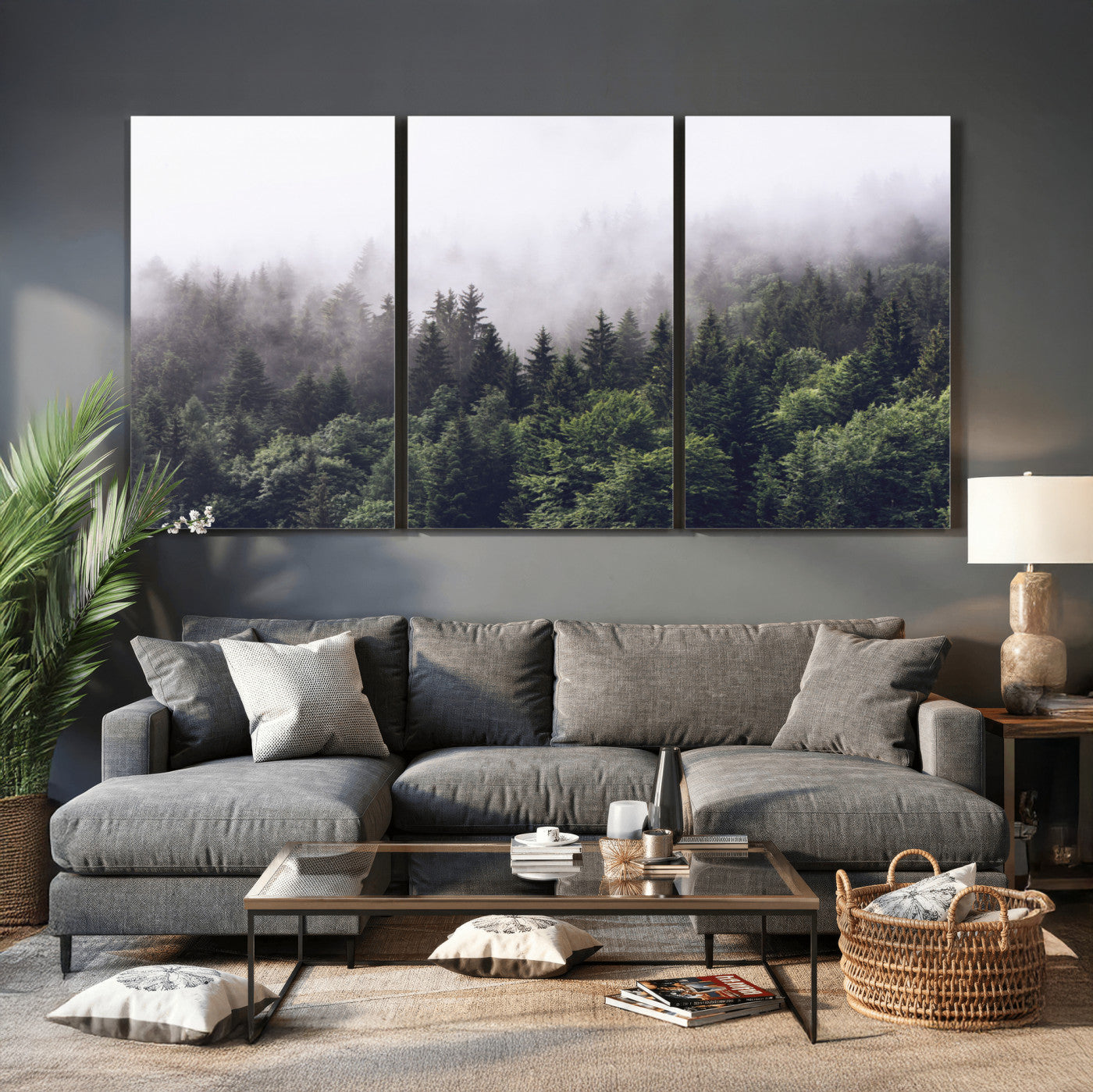 42578900-MGV-CV-36X24 - Misty Forest Canvas Wall Art – Serene Triptych Nature Print – Woodland Landscape Decor for Living