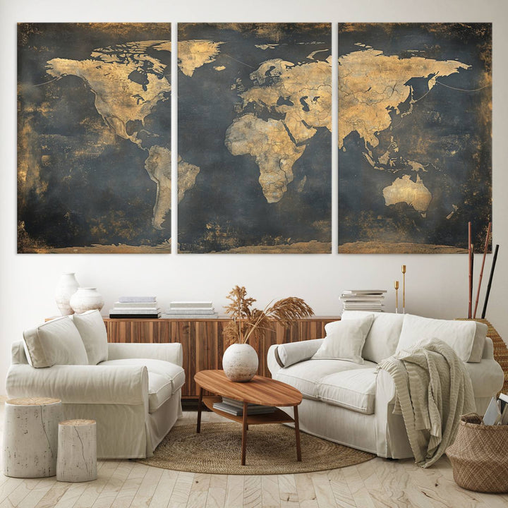 Grunge World Map Canvas Wall Art - Vintage Aged World Map with Golden Tones, Framed Artwork for Living Room, Office, or Study Decor