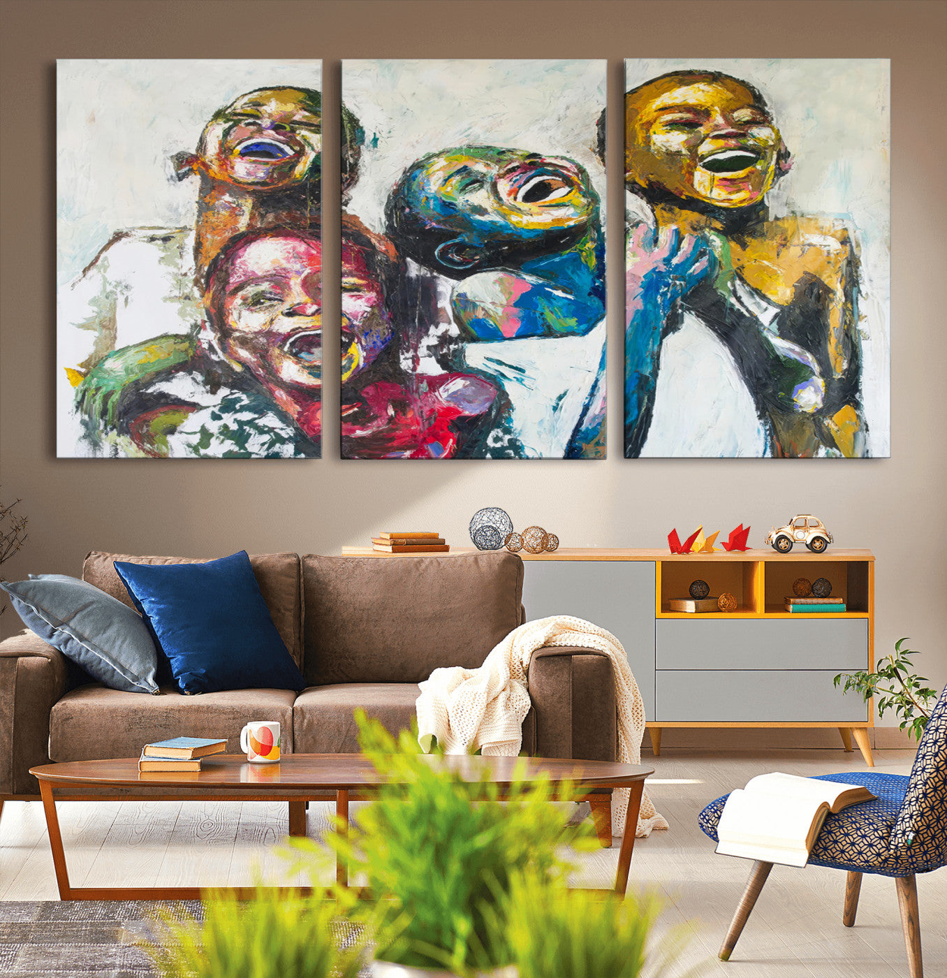 MGV-CV-60X30-3P - Shai Yossef Style Canvas Art - Joyful African Black Kids Impasto Painting with Vibrant Brushstrokes,