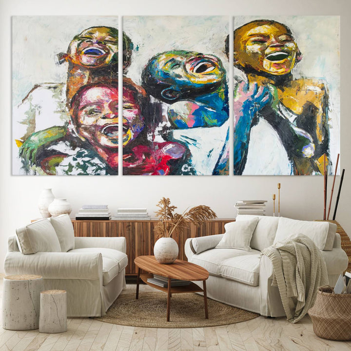 A multi-panel decor piece titled "Joyful African Black Kids" by Shai Yossef features a vibrant impasto painting of four children laughing and is elegantly displayed as premium canvas wall art.