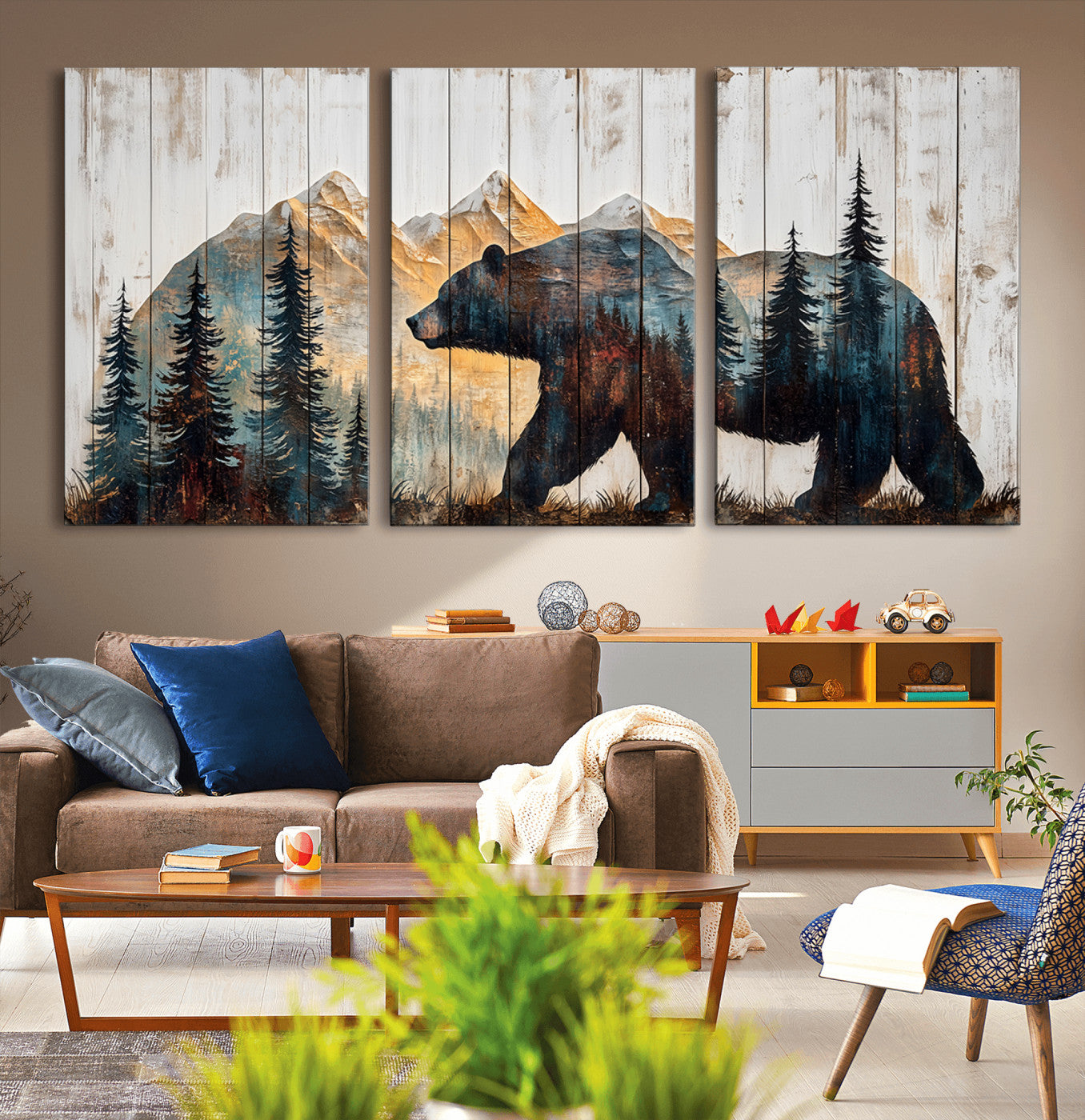 MGV-CV-60X30-3P - Rustic Bear Wall Art - Grizzly 399 Bear Wall Art - Mountain Wood Canvas Wall Art - Nature Theme