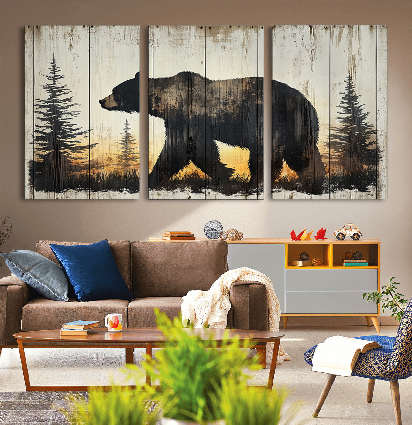 83875-MGV-CV-36X24-Vintage Bear Wall Art Canvas Print for Farmhouse - Mountain Wood Canvas Wall Art - Forest Silhouette