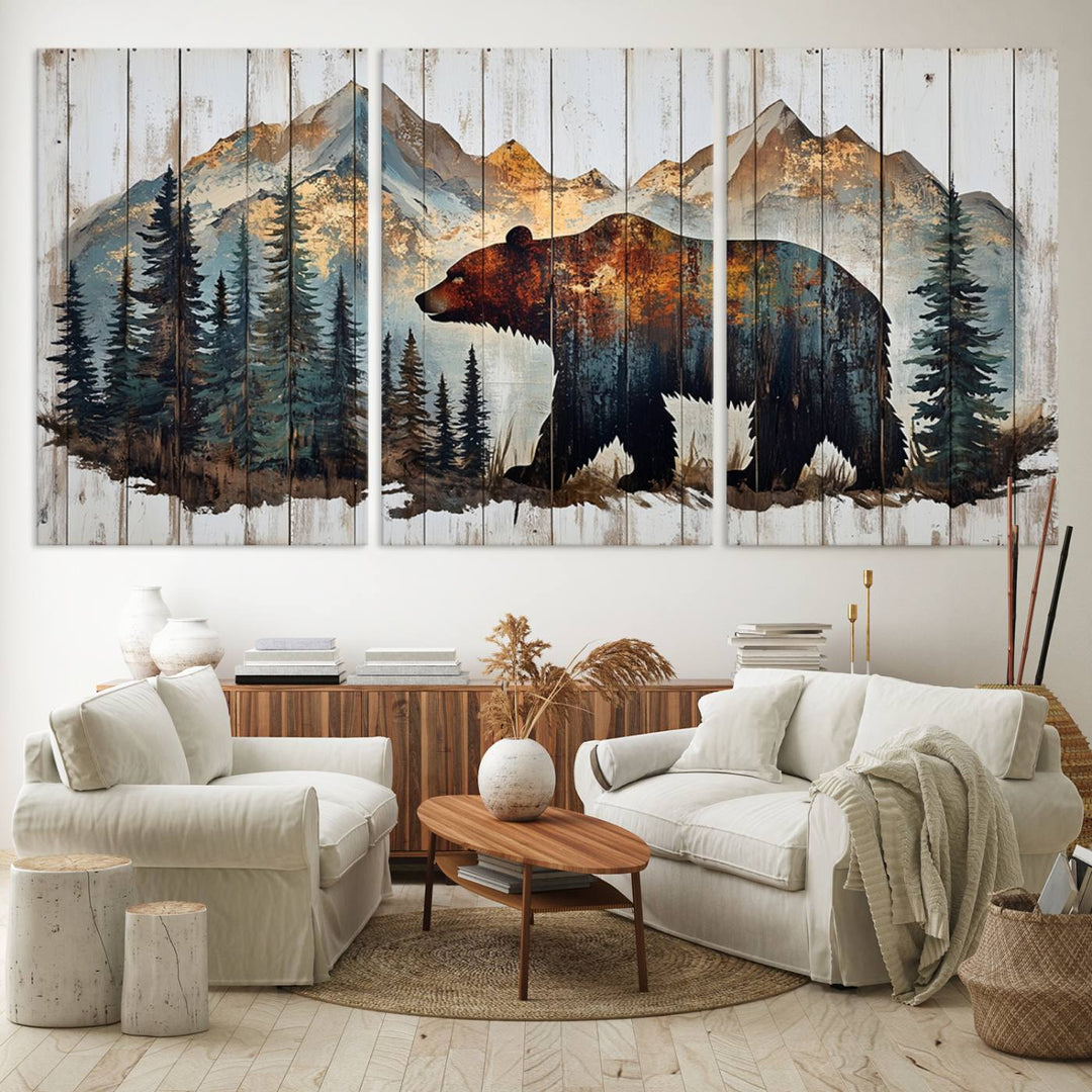 The living room features Rustic Grizzly 399 bear wall art, adding a cozy touch to the setup.