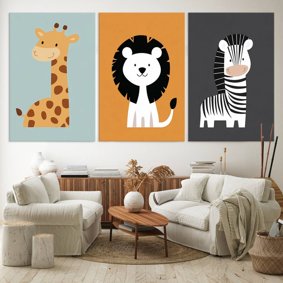 The room is adorned with three gallery-quality canvas wall art pieces titled "Safari Nursery Wall Prints." These prints showcase jungle animals, including a giraffe, lion, and zebra in earth colors, making them ideal for boho nursery decor.