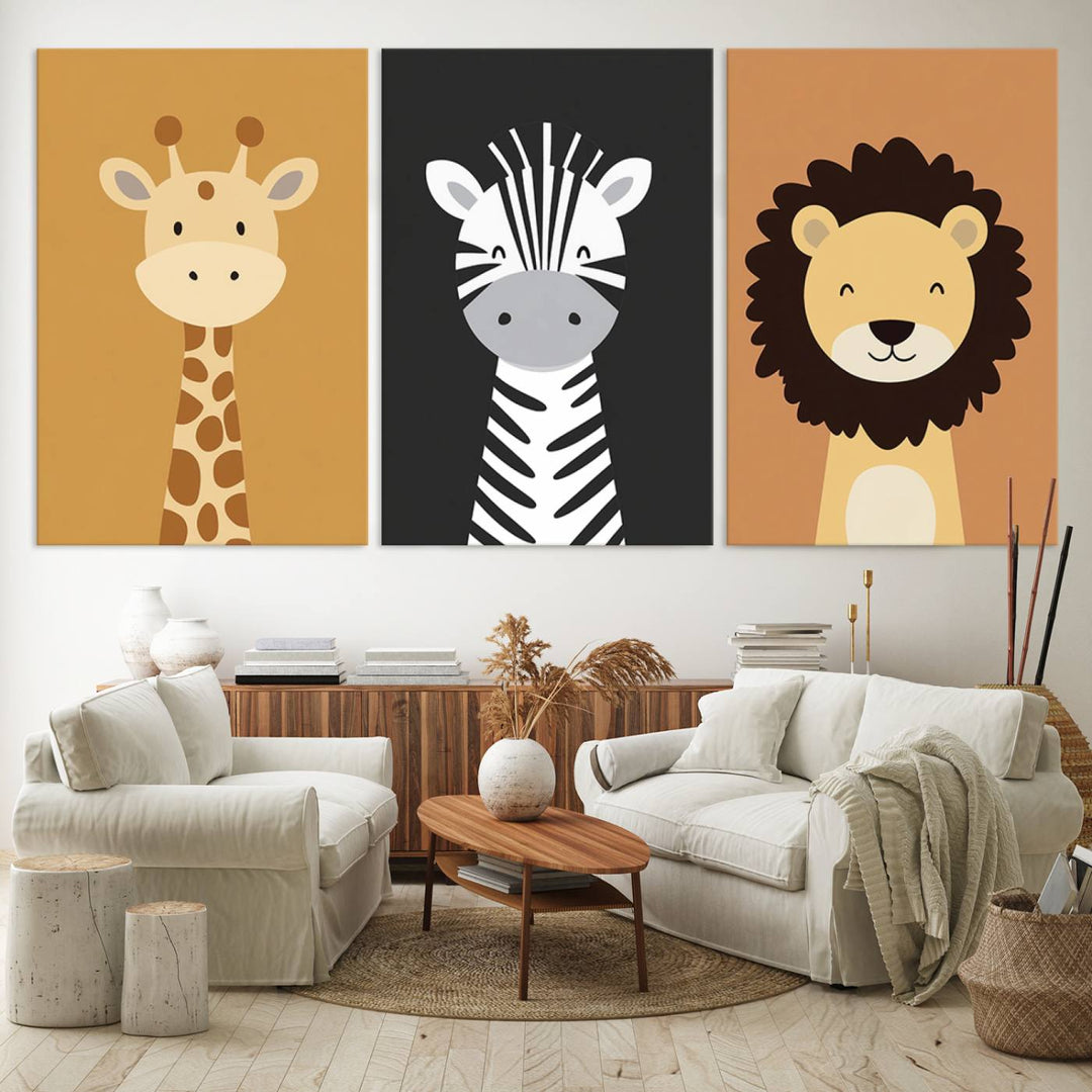 The living area is beautifully adorned with three framed artworks from the Safari Nursery Wall Prints collection—giraffe, zebra, and lion. These boho nursery prints showcase jungle animals in earth colors, adding a touch of elegance to the space with their premium canvas art.