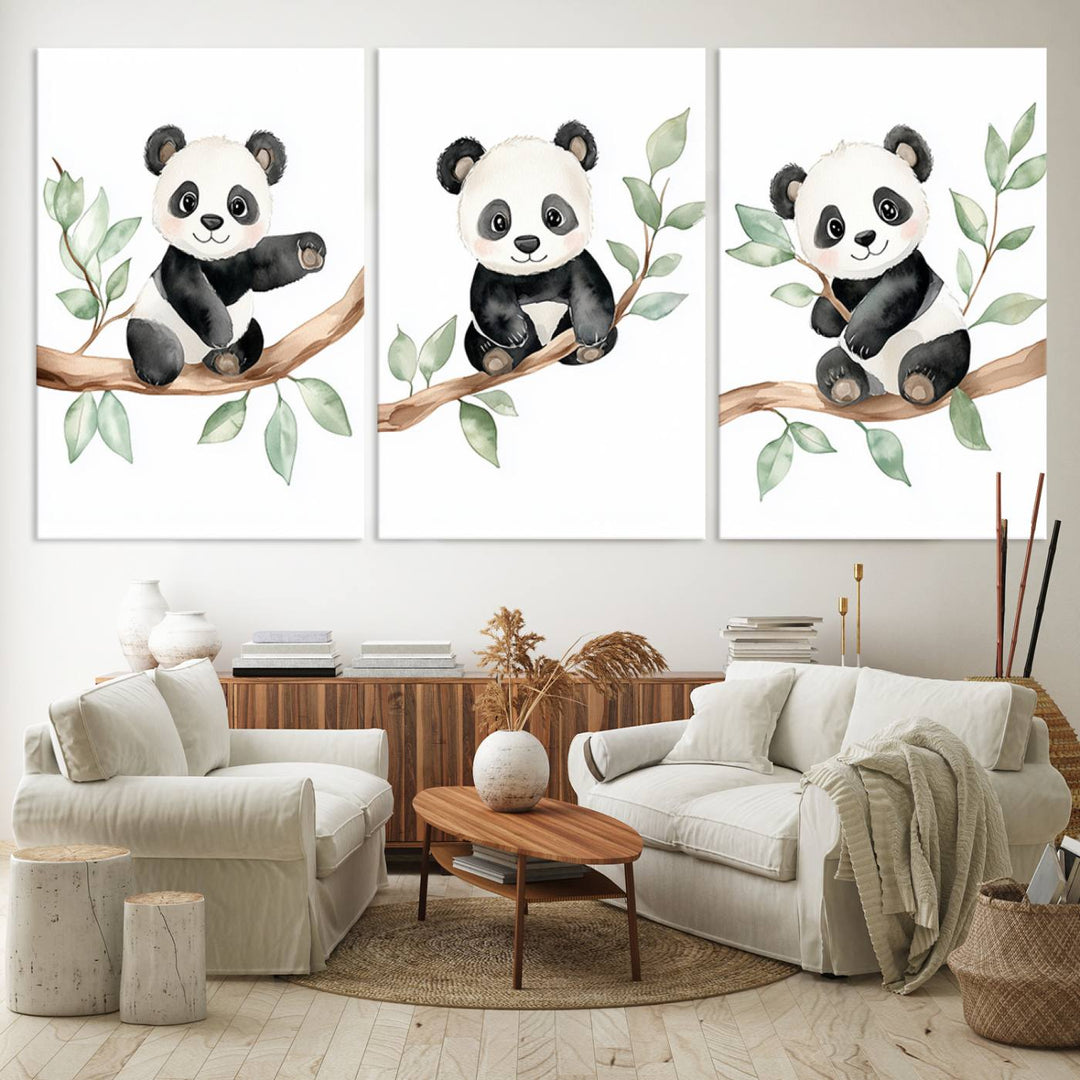 Three framed panda illustrations on the wall add charm to the cozy living room, blending seamlessly with Safari Nursery Wall Prints and Boho Nursery Prints featuring jungle animals in earth colors.