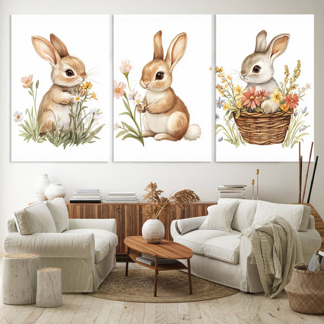 Safari Nursery Wall Prints showcasing jungle animals in earth tones are beautifully displayed. This charming piece, handmade in the USA, adds a touch of whimsical elegance to your home.