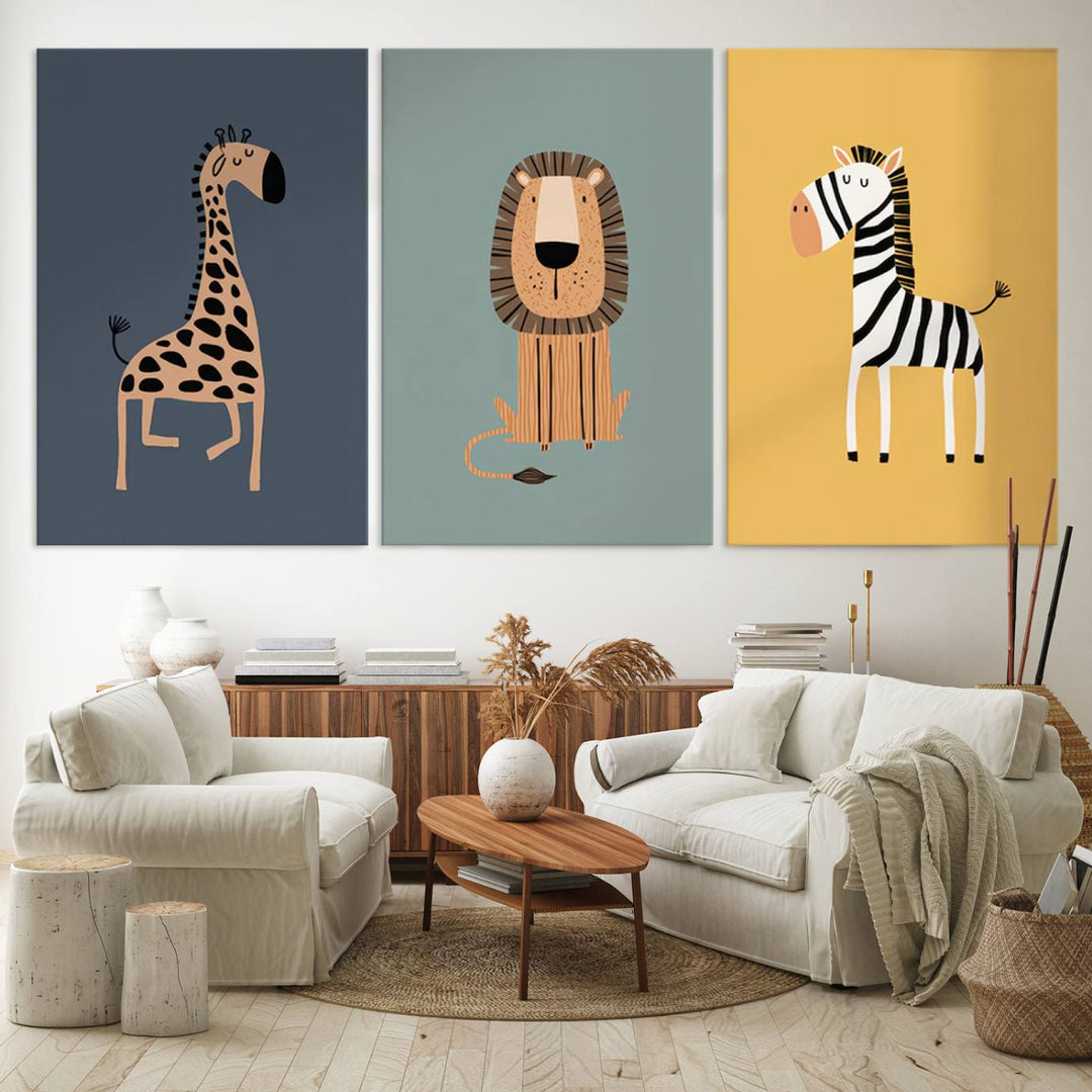 The living room is enhanced by striking Safari Nursery Wall Prints showcasing giraffe, lion, and zebra art in a gallery-quality finish.