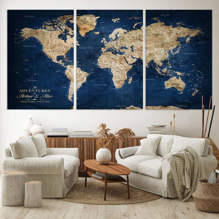 A Personalized Custom World Map Canvas Print on blue hangs prominently.