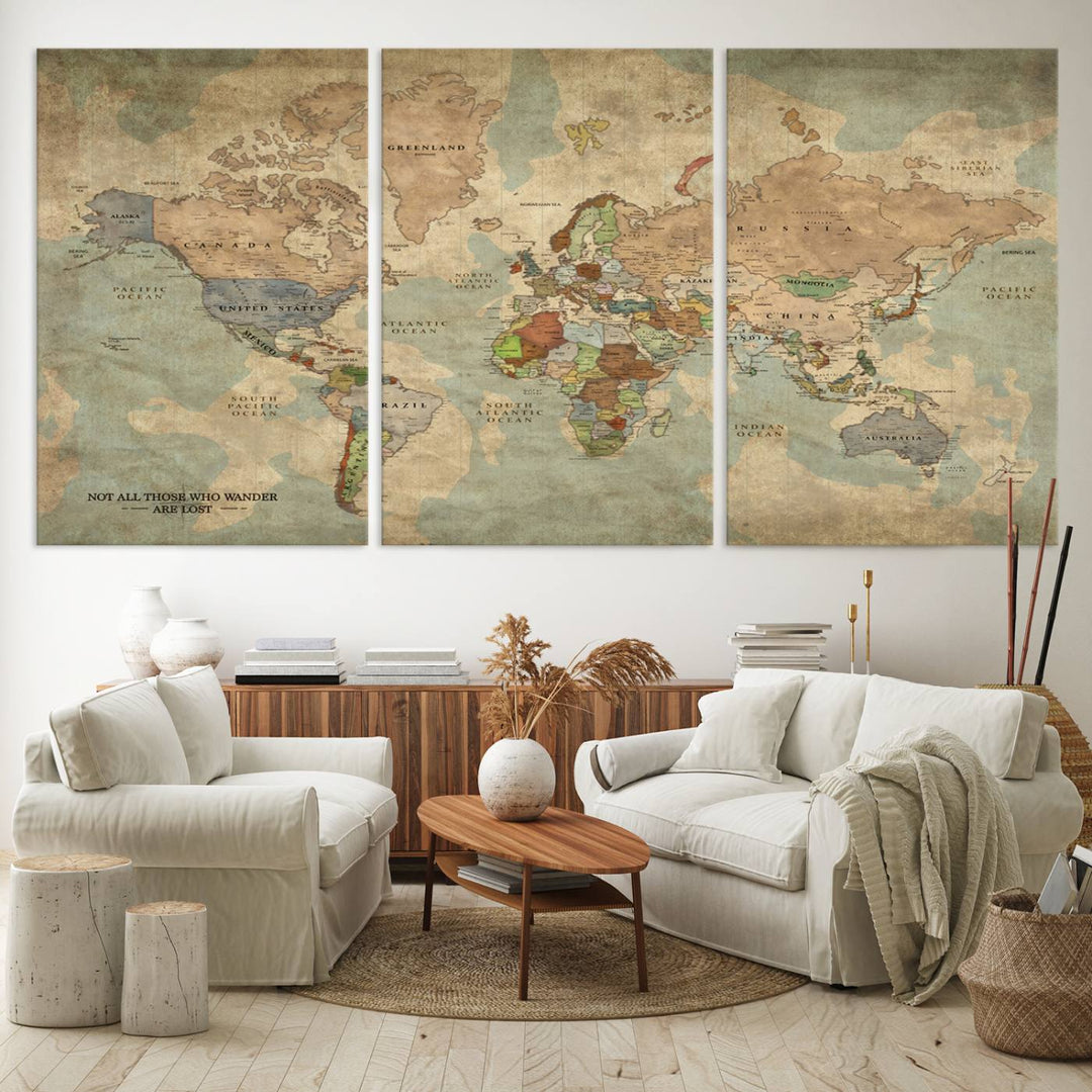 A Personalized World Map Canvas Print in vintage style enhances the setting with its artistic charm.