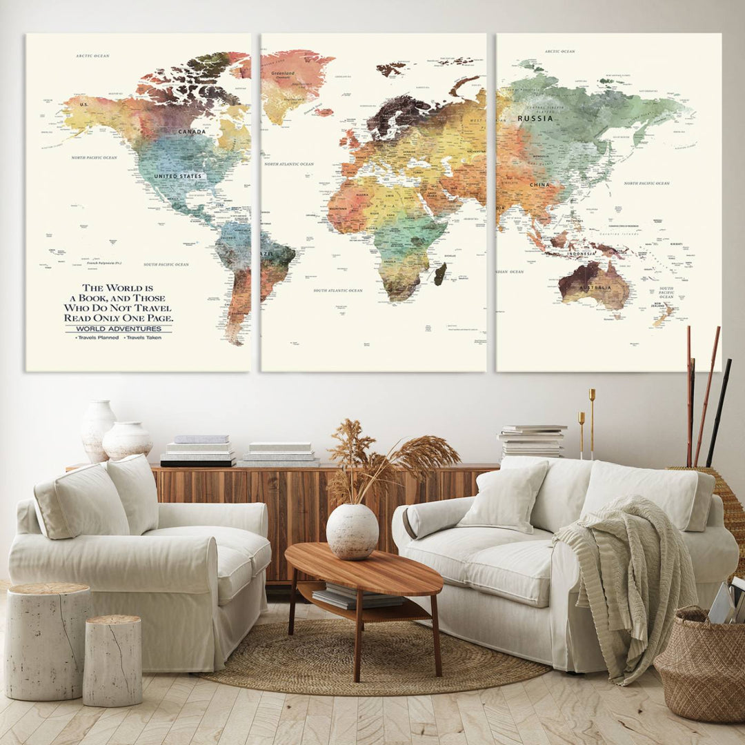 A colorful Personalized World Map Canvas Print, ideal as wall art for living room or office.