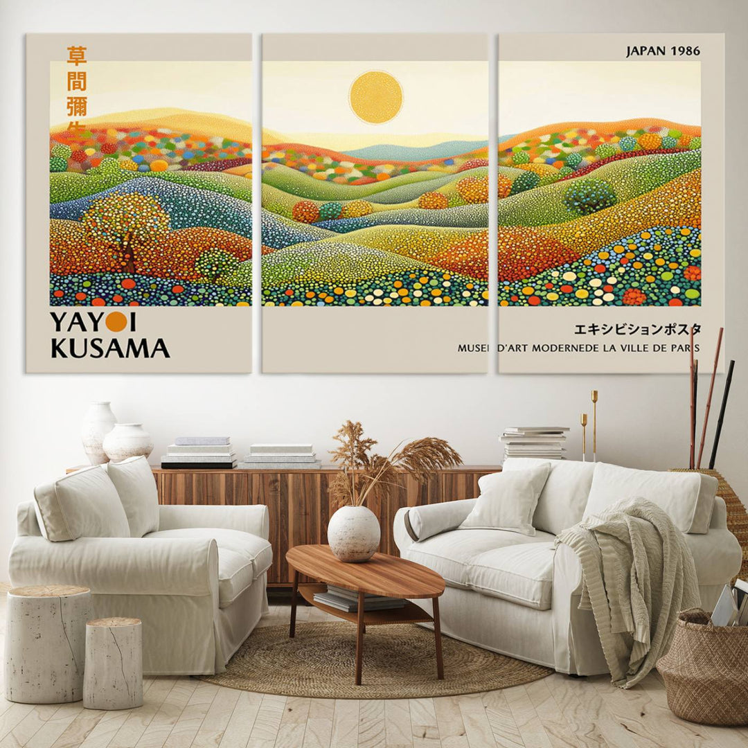 The Yayoi Kusama Wabi Sabi Japanese Wall Art Print features a vibrant landscape with dots, sun, and mountains.