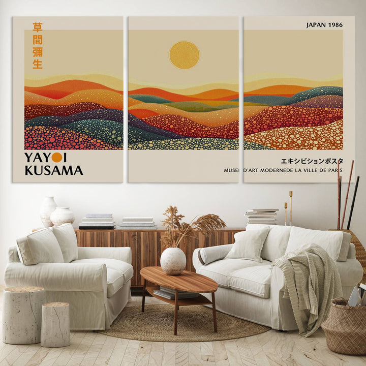 The Yayoi Kusama Wall Art Print is a vibrant abstract landscape canvas featuring colorful, dotted hills and a sun, reminiscent of Yayoi Kusama's iconic designs.