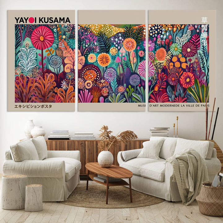 A framed "Yayoi Kusama Wall Art Canvas Print" showcases an abstract floral design, reflecting Japanese aesthetics.