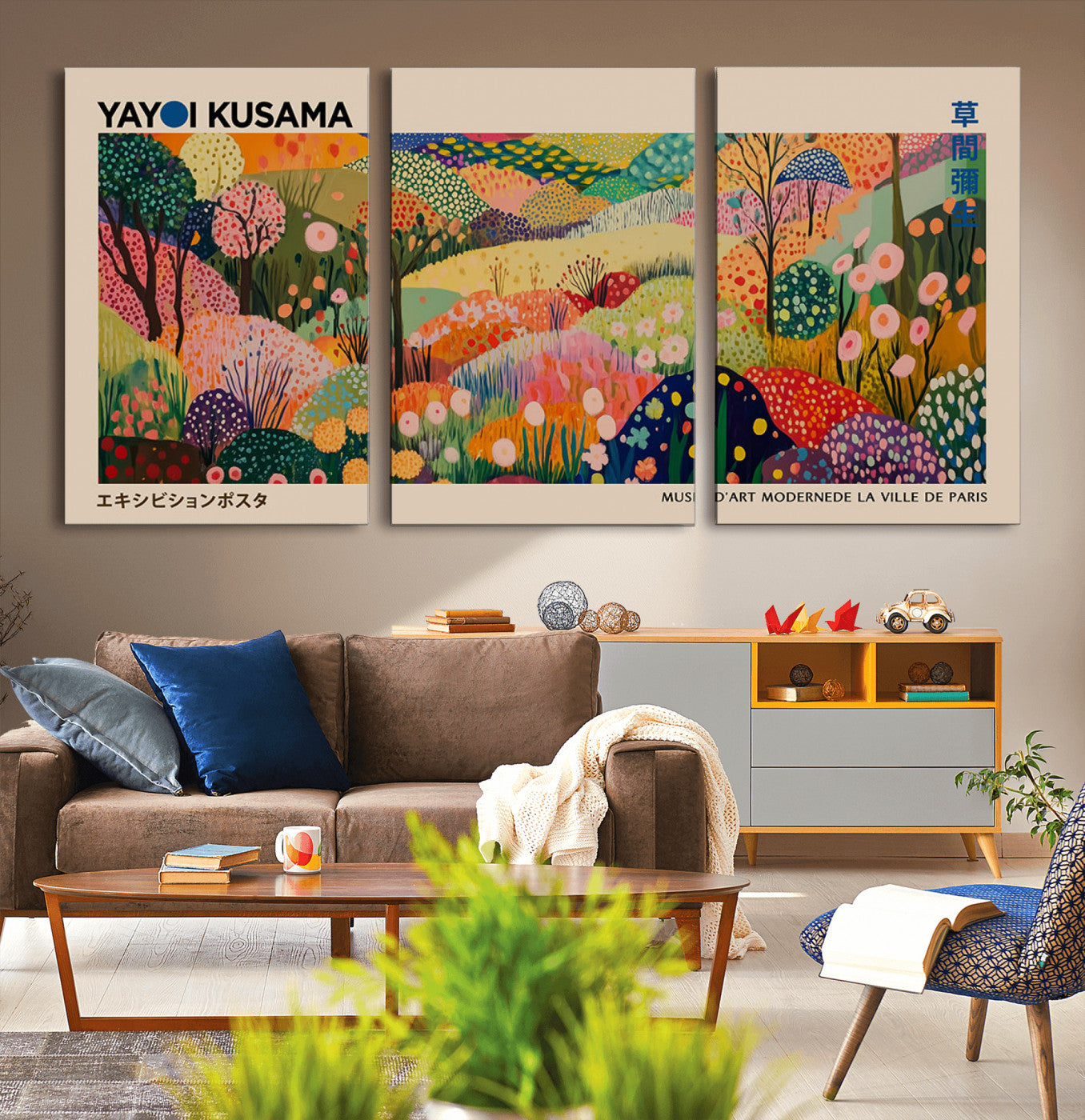MGV-CV-60X30-3P - Yayoi Kusama Japanese Art Canvas Print, Abstract Art, Large Yayoi Kusama Framed Print, Japanese Wabi