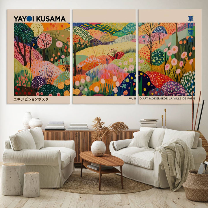 A Yayoi Kusama Wall Art Canvas Print featuring vibrant abstract floral patterns is displayed in a tranquil forest setting.