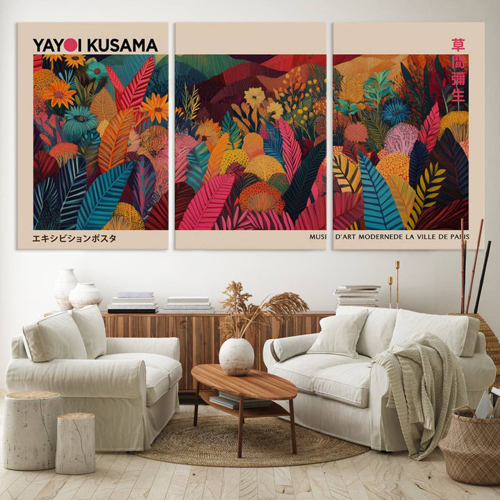 The Yayoi Kusama Inspired Wall Art Canvas Print features colorful flowers and foliage, presented with a premium canvas and gallery-quality finish.