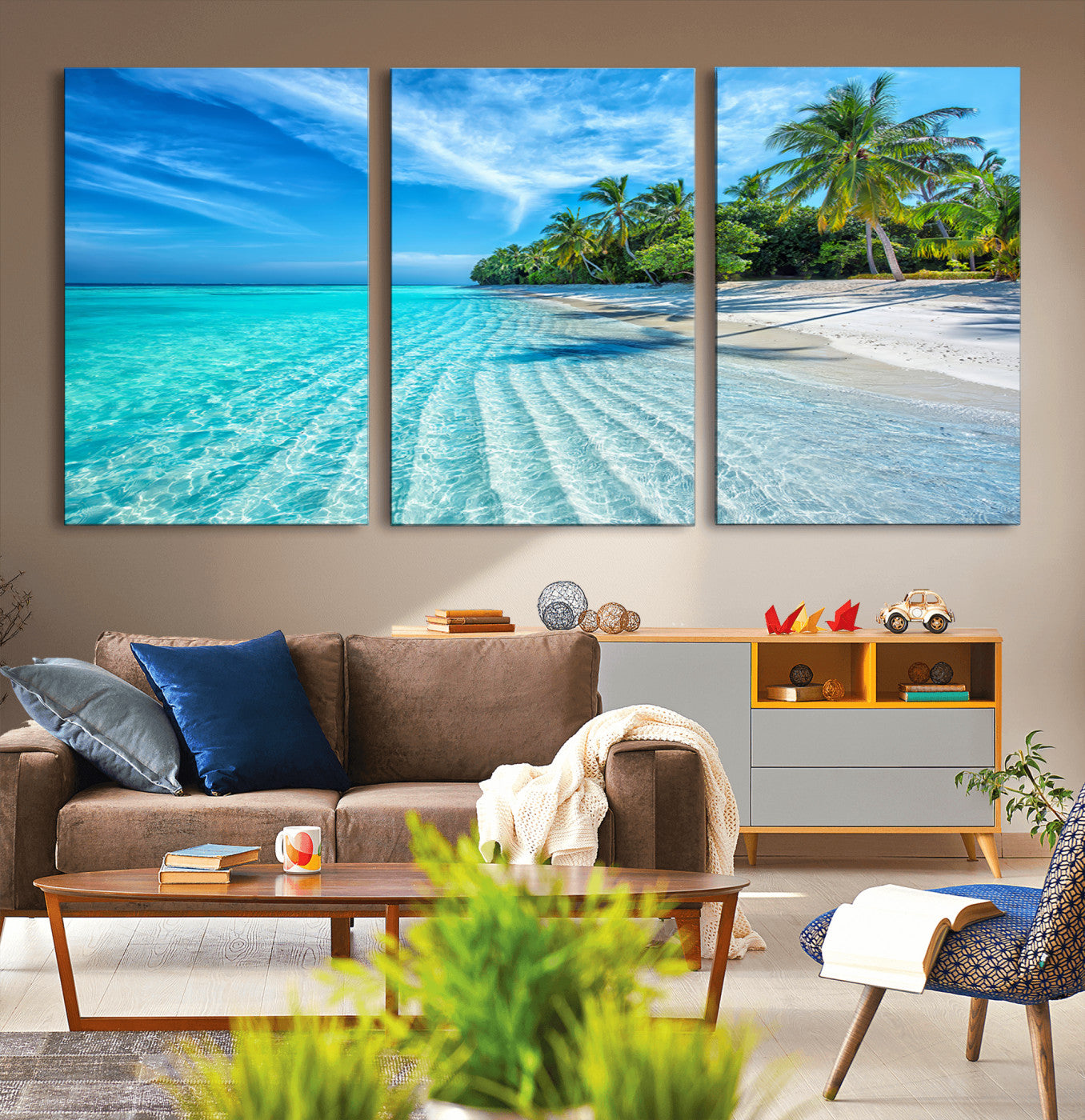 MGV-CV-60X30-3P - Tropical Beach Wall Art Canvas Print - Serene Ocean Landscape with Crystal Clear Turquoise Water and