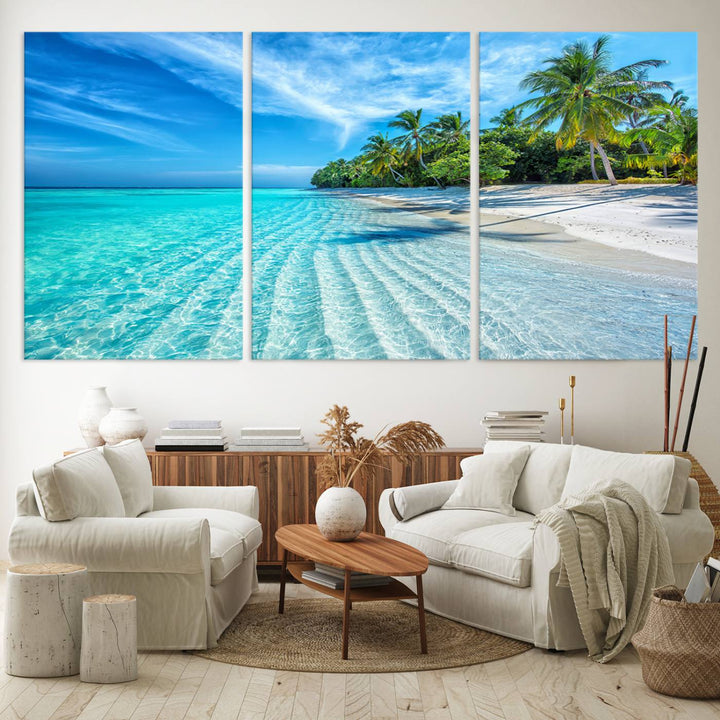 The Tropical Beach Wall Art Canvas Print features turquoise water and palm trees.