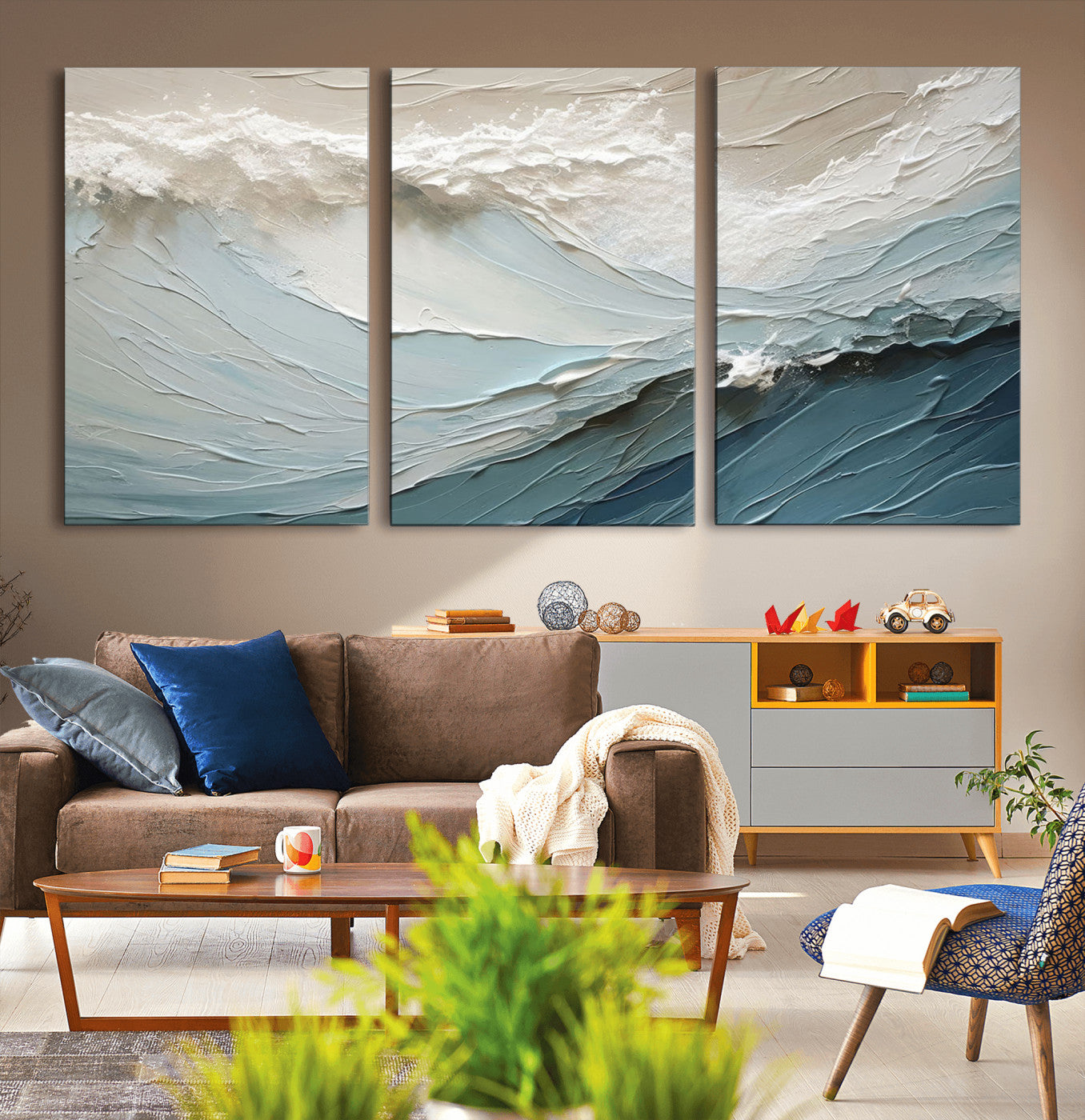 MGV-CV-60X30-3P - Waves Abstract Wall Art Print, Modern Framed Abstract Canvas Print, Abstract Painting for Living