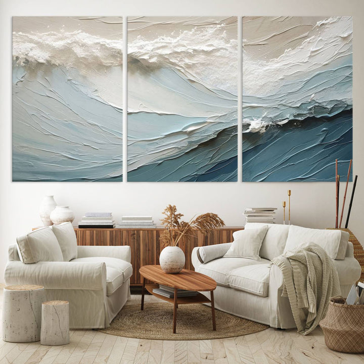 The Waves Abstract Wall Art Print, a captivating piece of modern framed abstract canvas, beautifully decorates the wall. This abstract painting is designed to enhance your living room decor and offers the convenience of being ready to hang.