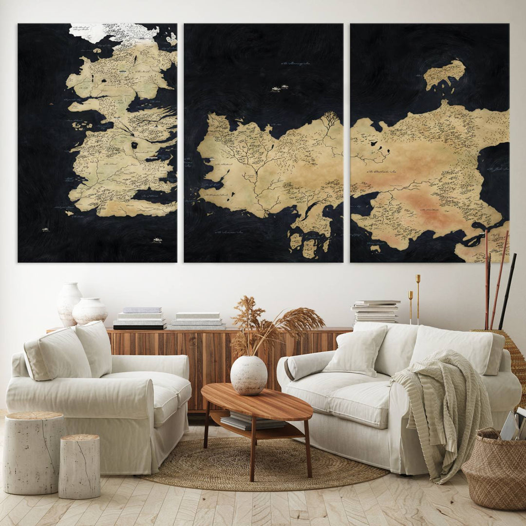 A Game of Thrones Map Canvas, a vintage-inspired fantasy map perfect for fans and collectors, is displayed.