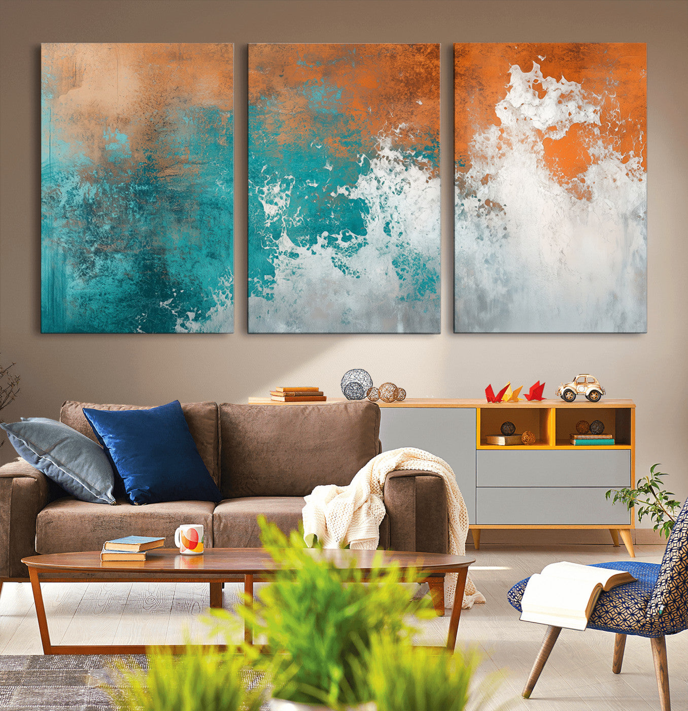 78127-MGV-CV-60X30-3P-Vintage Abstract Print - Bold Teal and Orange Canvas Wall Art - Retro-Vintage Abstract Orange Canvas
