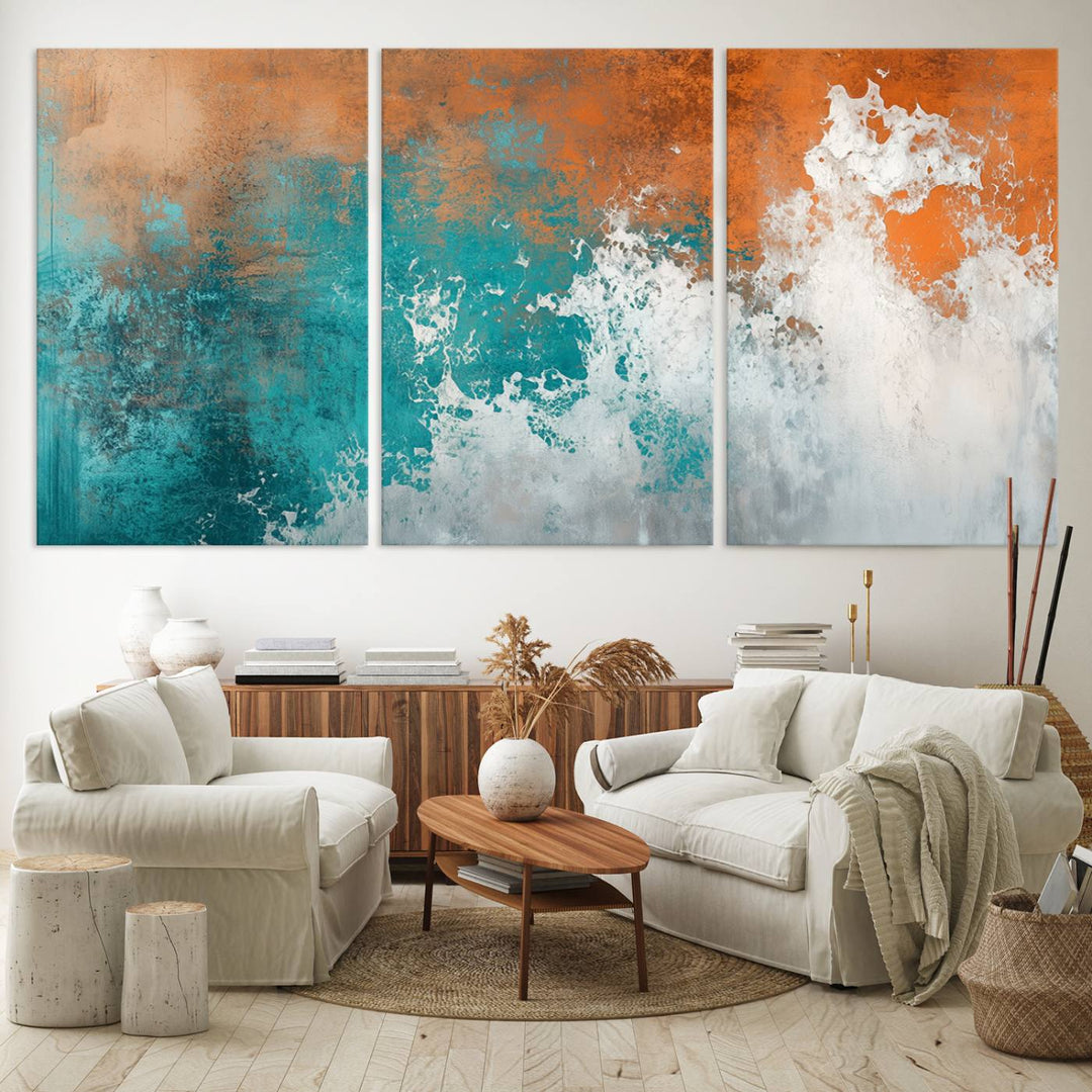 Vintage Abstract Print - Bold Teal and Orange Canvas Wall Art - Retro-Vintage Abstract Orange Canvas for Modern Decor