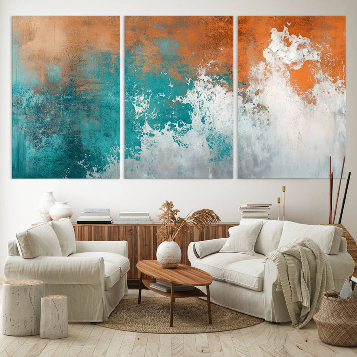 Vintage Abstract Print - Bold Teal and Orange Canvas Wall Art - Retro-Vintage Abstract Orange Canvas for Modern Decor