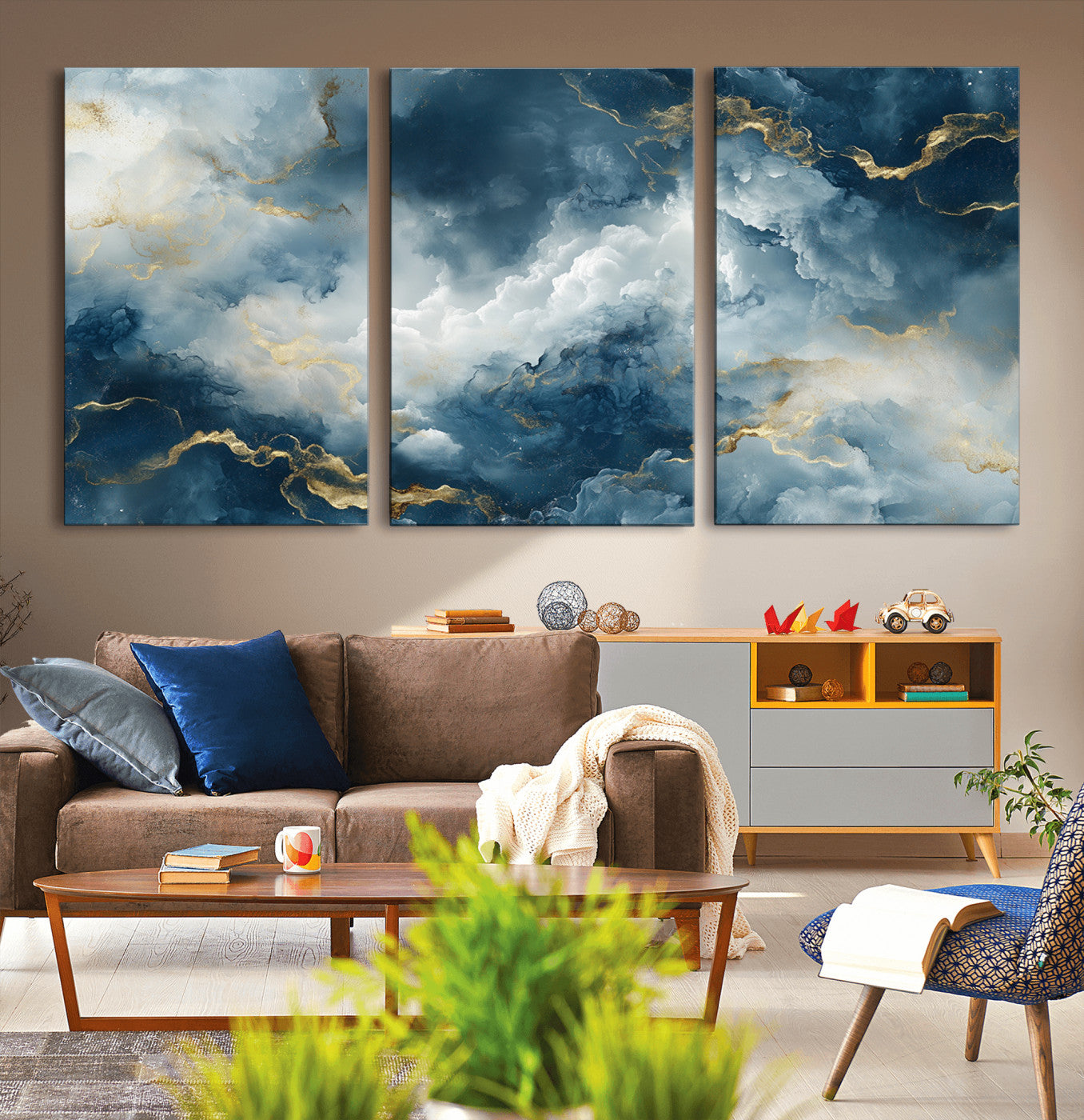 MGV-CV-60X30-3P - Large Abstract Print - Luxe Blue and Gold Abstract Canvas Wall Art - Bold Cloudscape Canvas for