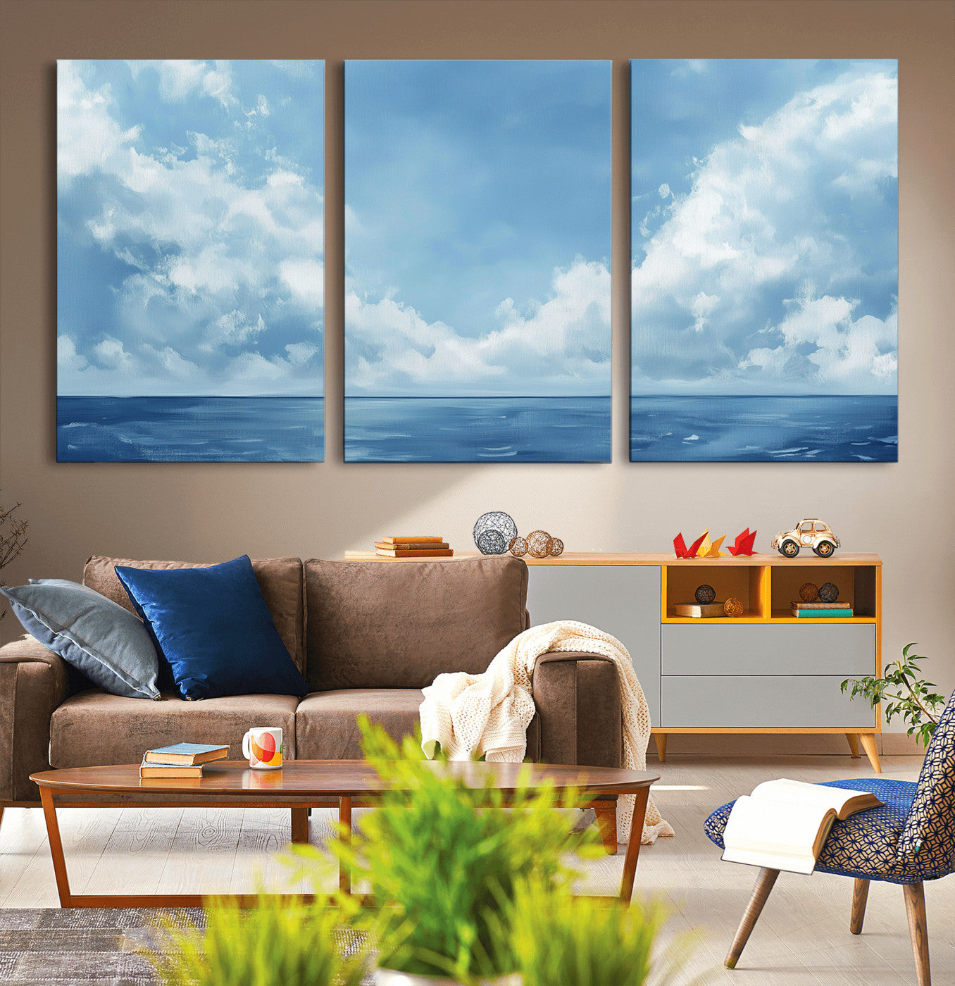 MGV-CV-60X30-3P - Abstract Ocean Print Artwork- Serene Blue Ocean Canvas Wall Art - Minimalist Ocean and Sky Canvas